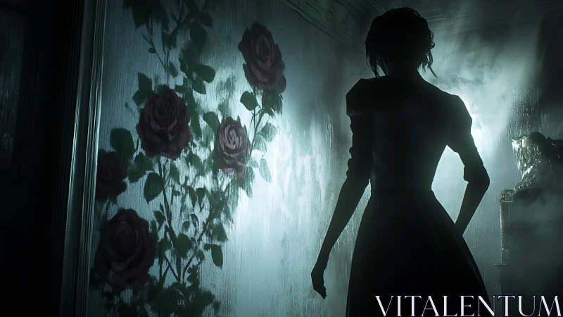 Silhouetted woman stands before misted wall with roses
