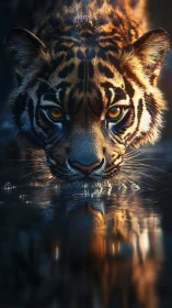 Golden-eyed tiger leans low over water in calm twilight focus