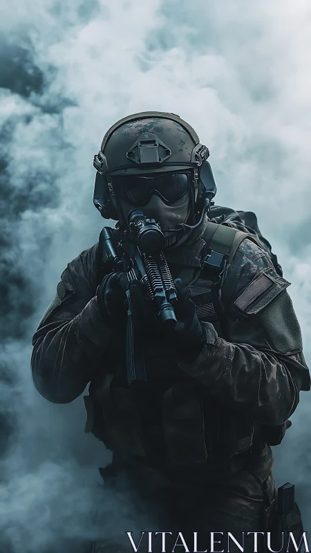 Calm soldier moving through swirling battlefield smoke.