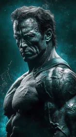 Hardened warrior stands in teal stormlight, muscles carved in stone.