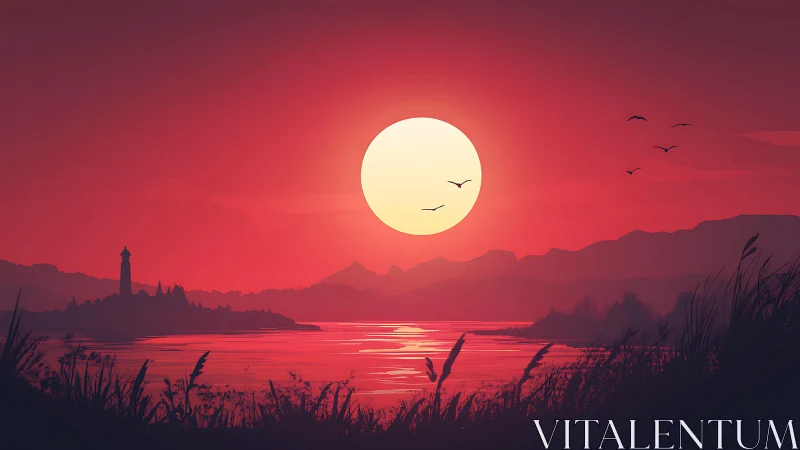 High-contrast red sunset over layered mountains and reflective bay