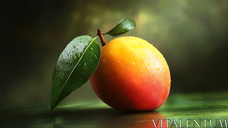 Sunlit mango jewel resting beneath dewy emerald leaves.