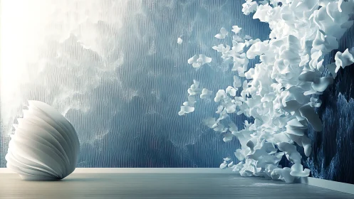 Abstract white shell sculpture amid drifting paper cloud.