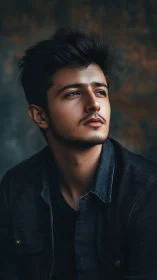 Young man in dark shirt looking up in soft studio light.