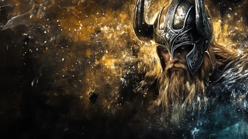 Viking warrior portrait in molten gold and shadow burst.