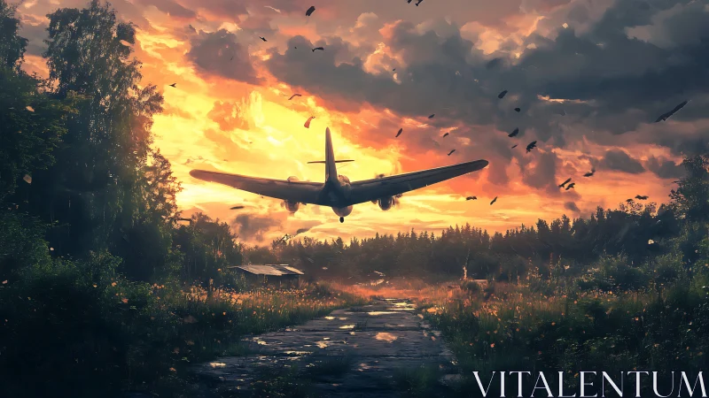 Low-flying dusk aircraft skims a wild overgrown runway.