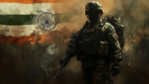 Indian soldier in combat gear before faded national flag.
