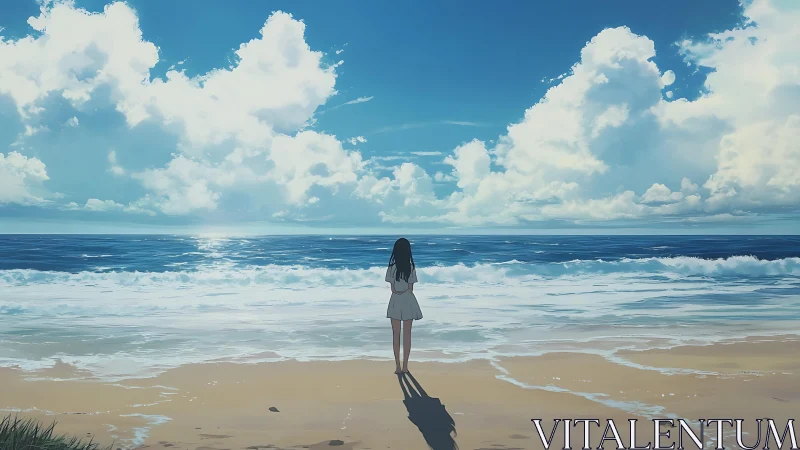 Backlit lone figure observes stratocumulus sky over calm shore