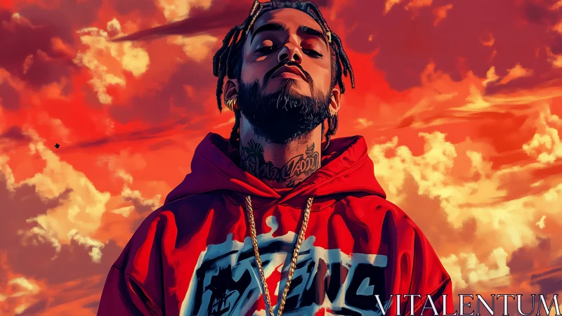 Crimson clouds crown a bold street poet in blazing hoodie