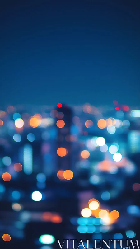 Defocused city skyline with colorful urban night lights.