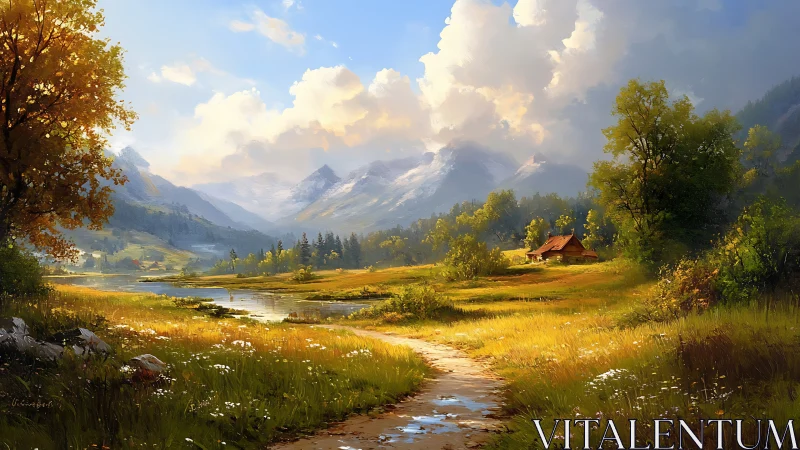 Sunlit alpine meadow path leading toward distant snowy peaks