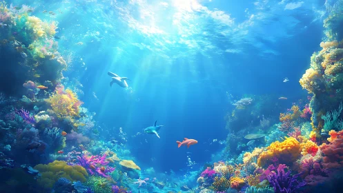 Sunlit coral reef teems with colorful marine wildlife