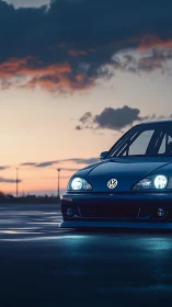 Low-angle night render isolates a Volkswagen front under neon glow
