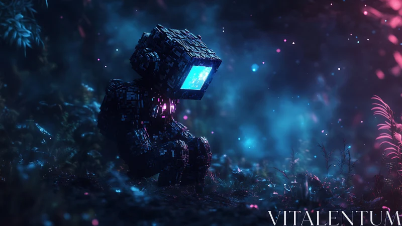 Solitary cube-headed robot glowing in a neon forest dreamscape.