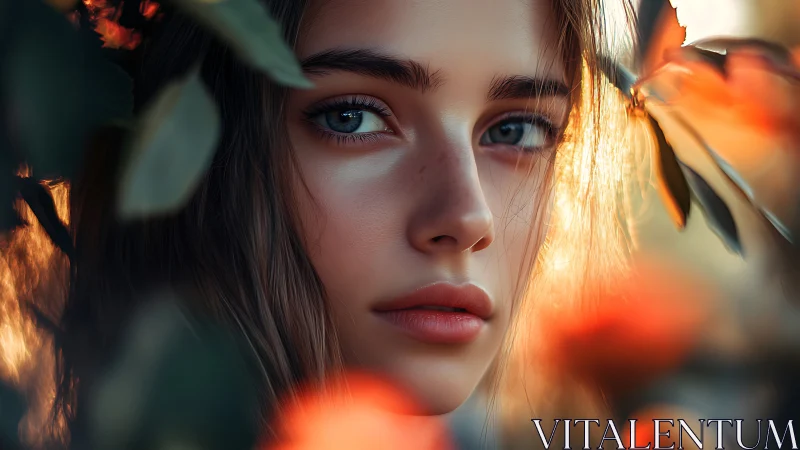 High-detail bokeh portrait under warm backlit foliage glow.