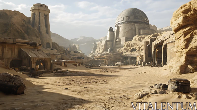 Desert outpost with domed fortress and eroded sandstone cliffs.