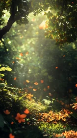 Forest scene with falling leaves and diffused light through canopy.