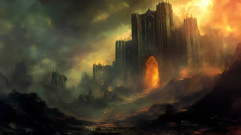 Infernal citadel dominates burning apocalyptic horizon.