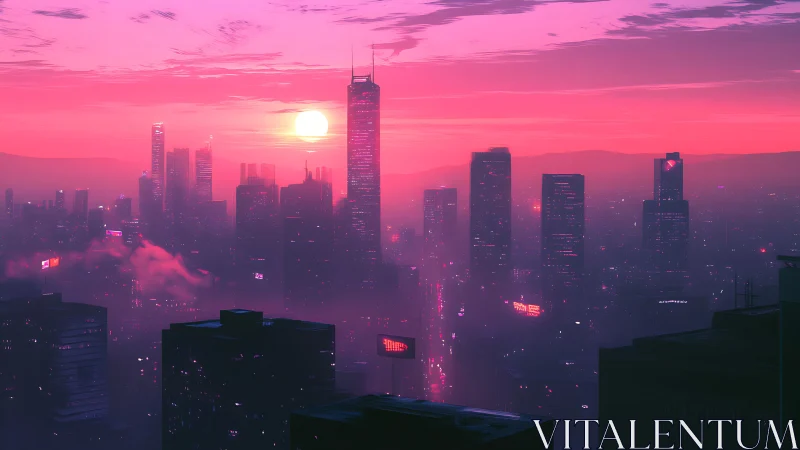 Neon pink smog-drenched megacity skyline at vaporwave sunset