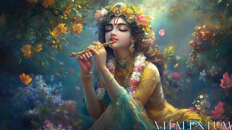 Divine flutist in luminous floral grove, jeweled adornments.