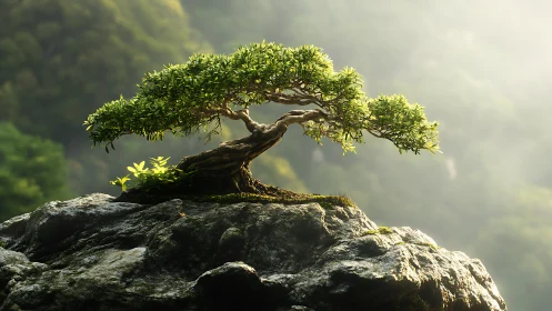 Bonsai tree crowns mossy cliff under soft morning light.