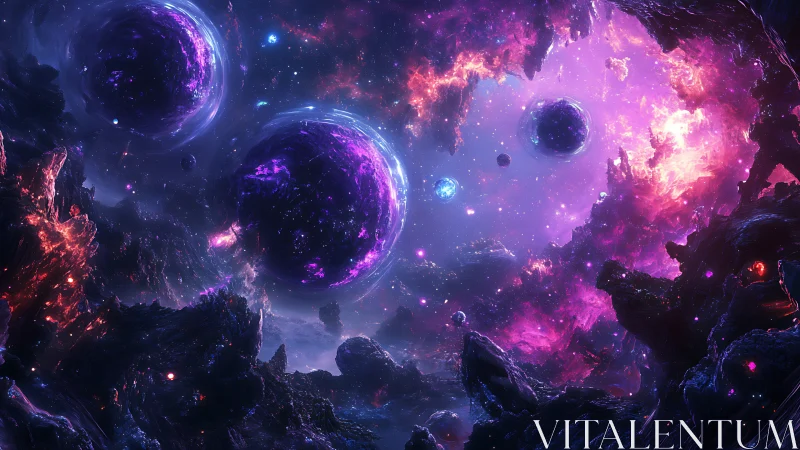 Cosmic nebula gateway with luminous violet twin worlds.