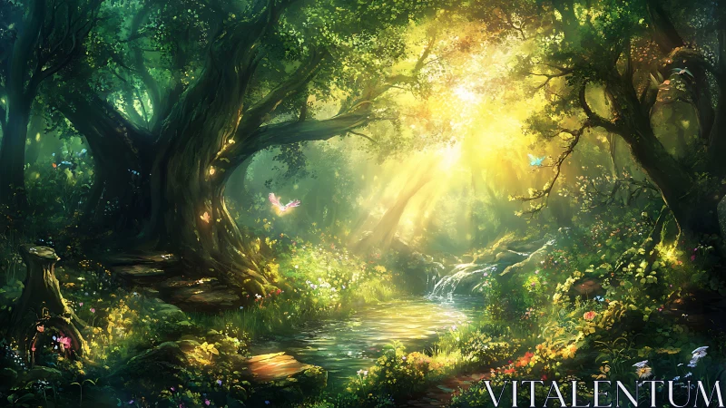 Enchanted Forest Stream with Golden Sunlight