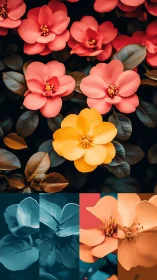 Vibrant camellia flowers blooming in contrasting warm colors