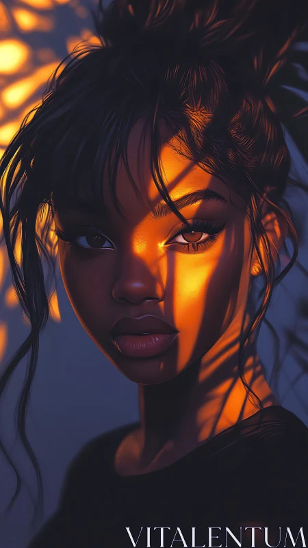 Digital portrait shows woman lit by strong warm sunset bands