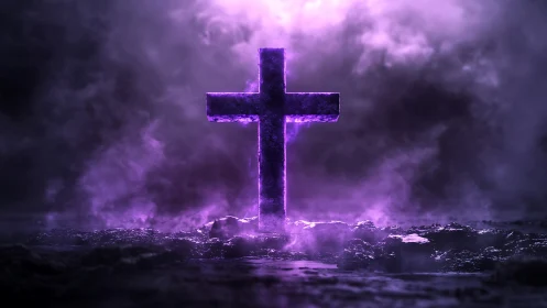 Luminous purple cross rendered in volumetric fog with wet ground