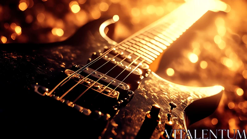 Electric guitar neck in molten golden stage backlight.