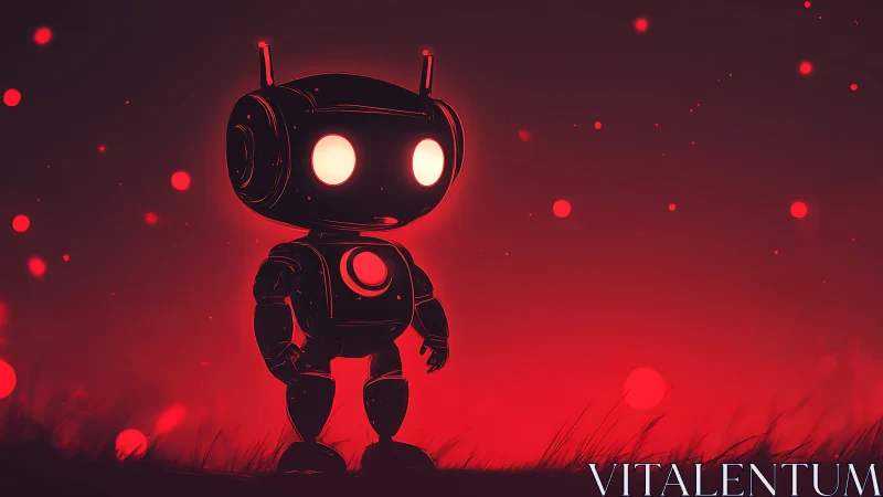 Small robotic figure in red illuminated landscape at night.