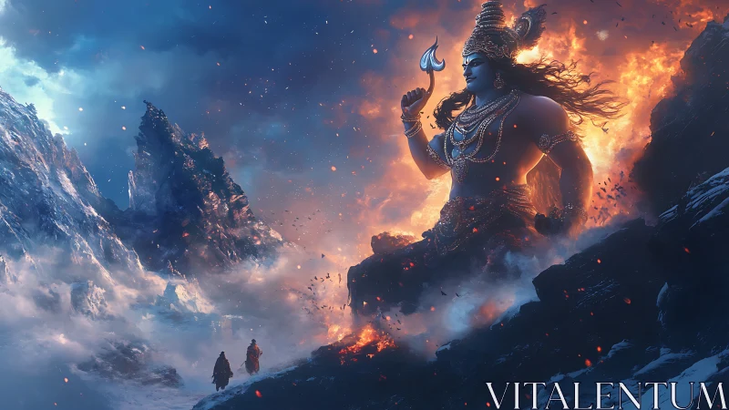 Colossal fiery deity towering over icy mountain pass.