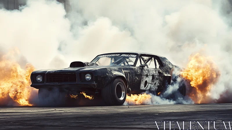 Black muscle car drifting through fire and dense smoke plume.