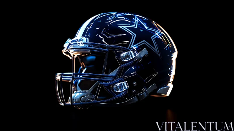 Glossy navy football helmet glows under dramatic studio lights
