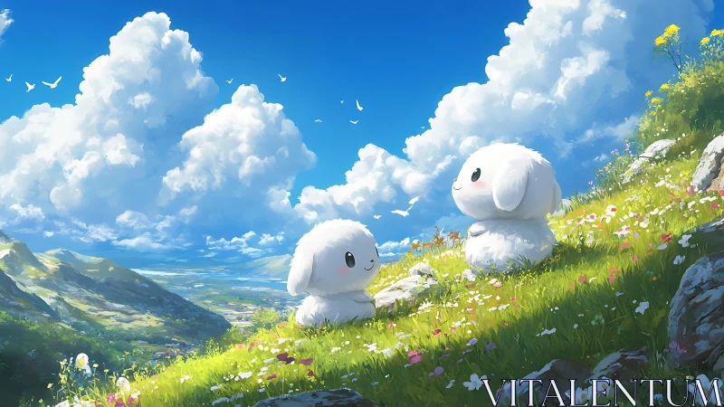 Soft cloud critters trade secrets on a sunlit hillside