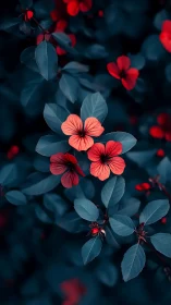 Red Flowers Against Dark Teal Foliage