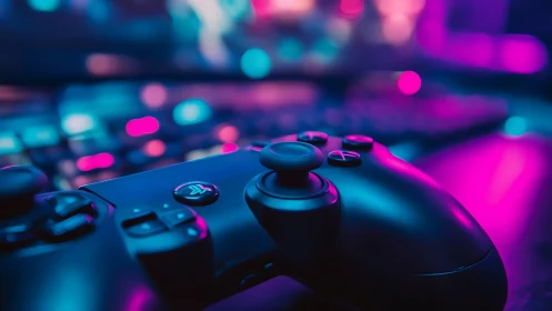 Dual-analog game controller under neon RGB bokeh lighting