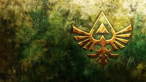 Golden winged crest glows against textured emerald patina