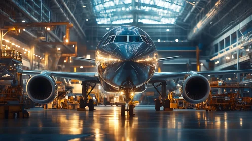 Majestic passenger jet waits in a glowing aircraft hangar