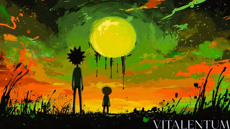 Silhouetted duo under glowing sun in abstract sunset sky.