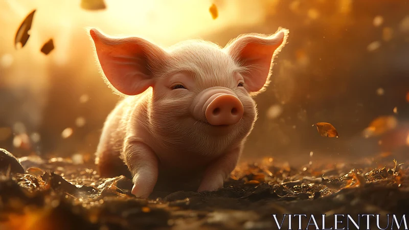 Content piglet resting in warm backlit autumn field.