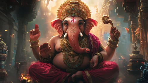 Majestic Ganesha seated in glowing temple corridor.