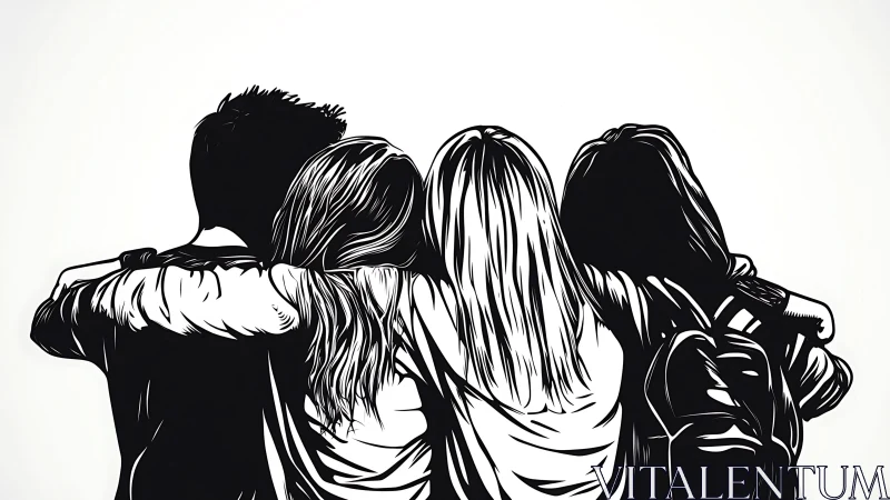Group of Friends Embracing in Black and White Illustration.