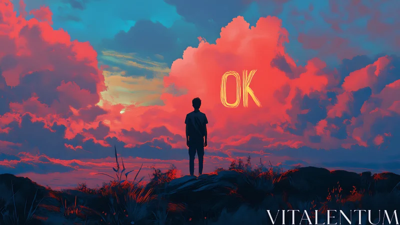 Silhouetted person stands facing neon OK text in clouds