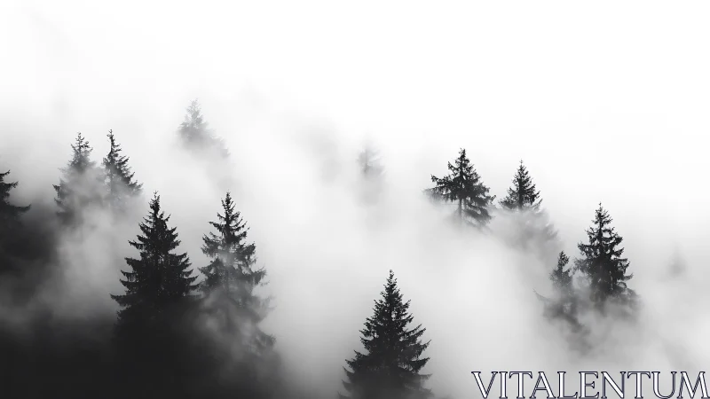 Coniferous treetops emerge from dense low-lying fog layer