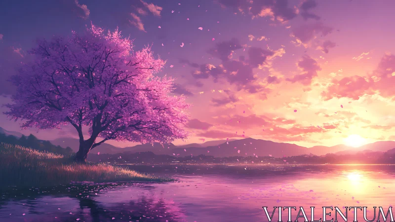Chromatic lakeside sakura under volumetric sunset illumination.