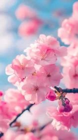 Pink cherry blossoms bloom against blue sky with depth of field