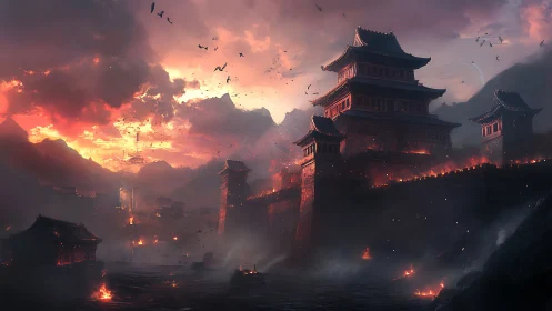 Burning fortress complex stands under red storm sky