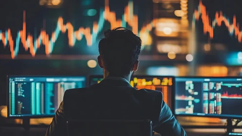 Rear view of office worker at trading monitors in low light.